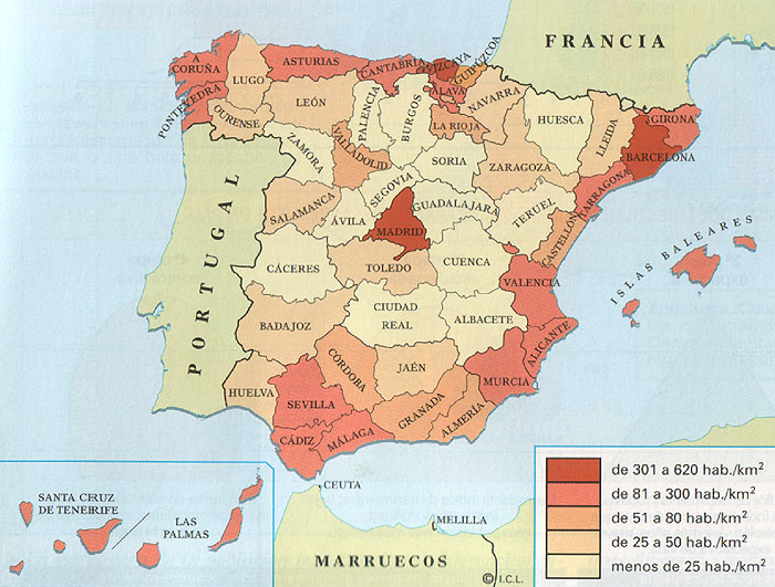 Map of distribution of the population in Spain